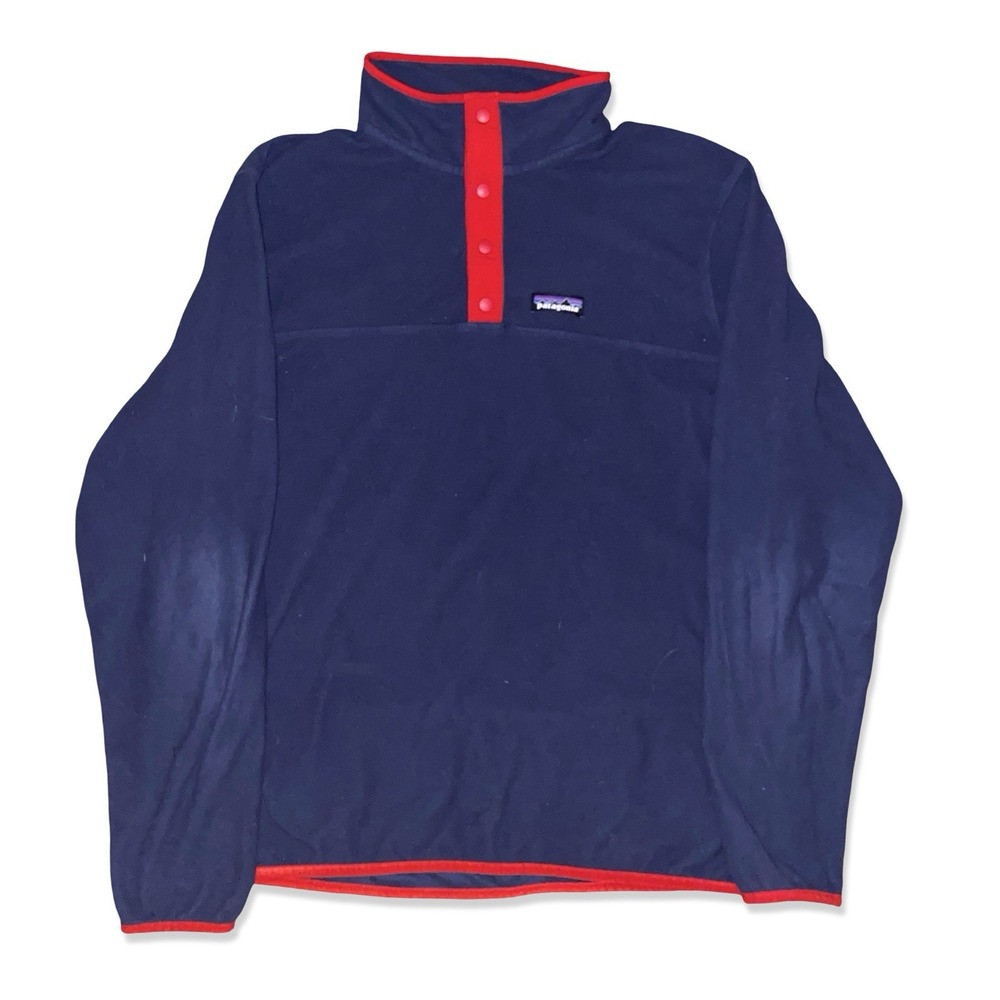 Vintage Patagonia Snap-T Pullover Fleece Womens Size L Navy Red Trim